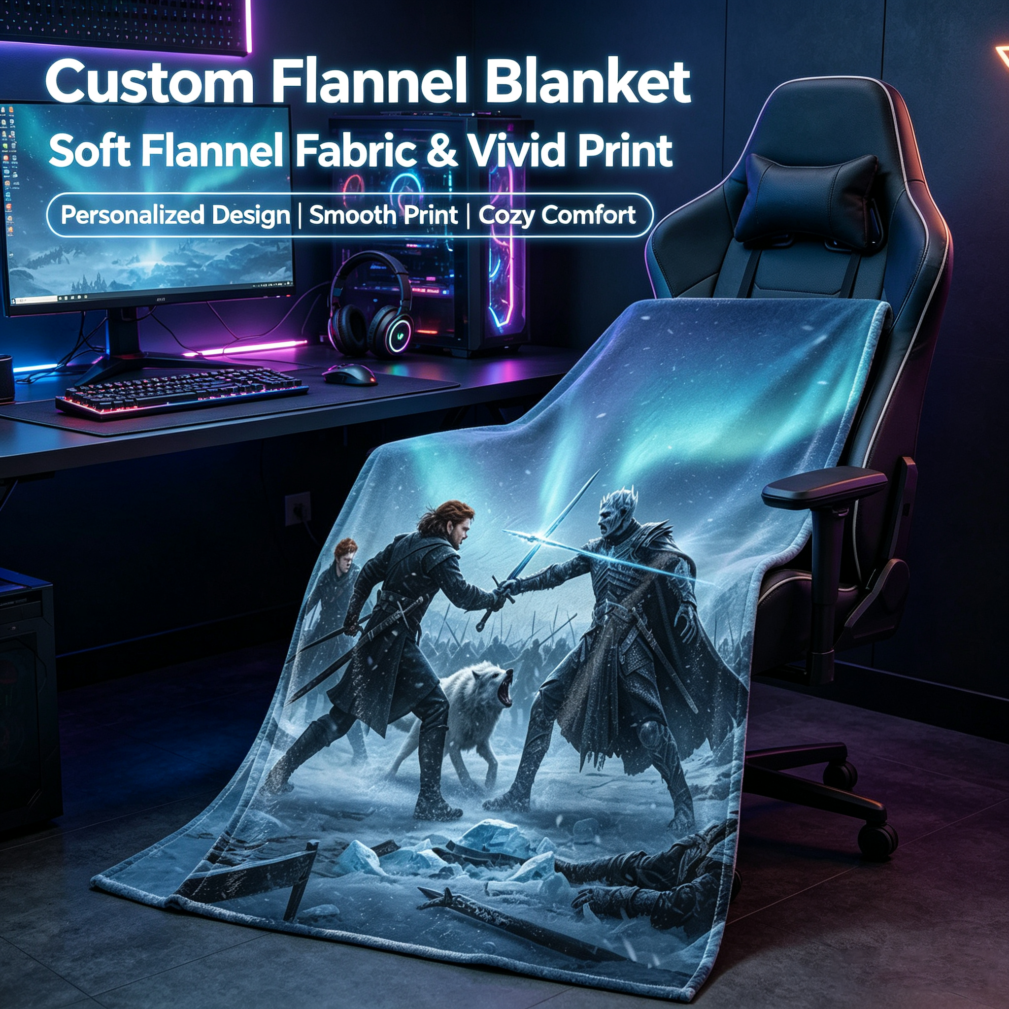 Custom Face Blanket Game of Thrones Night King Battle Scene Flannel Blanket Cozy Winter Bedding Gift for Fans