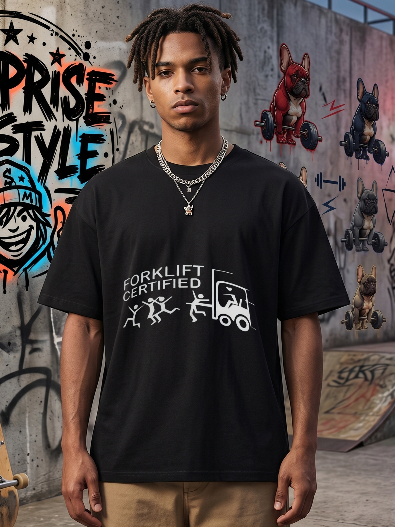Men's Forklift Certified Printed T-Shirt Featuring Forklift Operator and Workers Graphic, Casual Round Neck Lightweight Breathable Summer Short Sleeve Tee for Warehouse Workers and Industrial Professionals