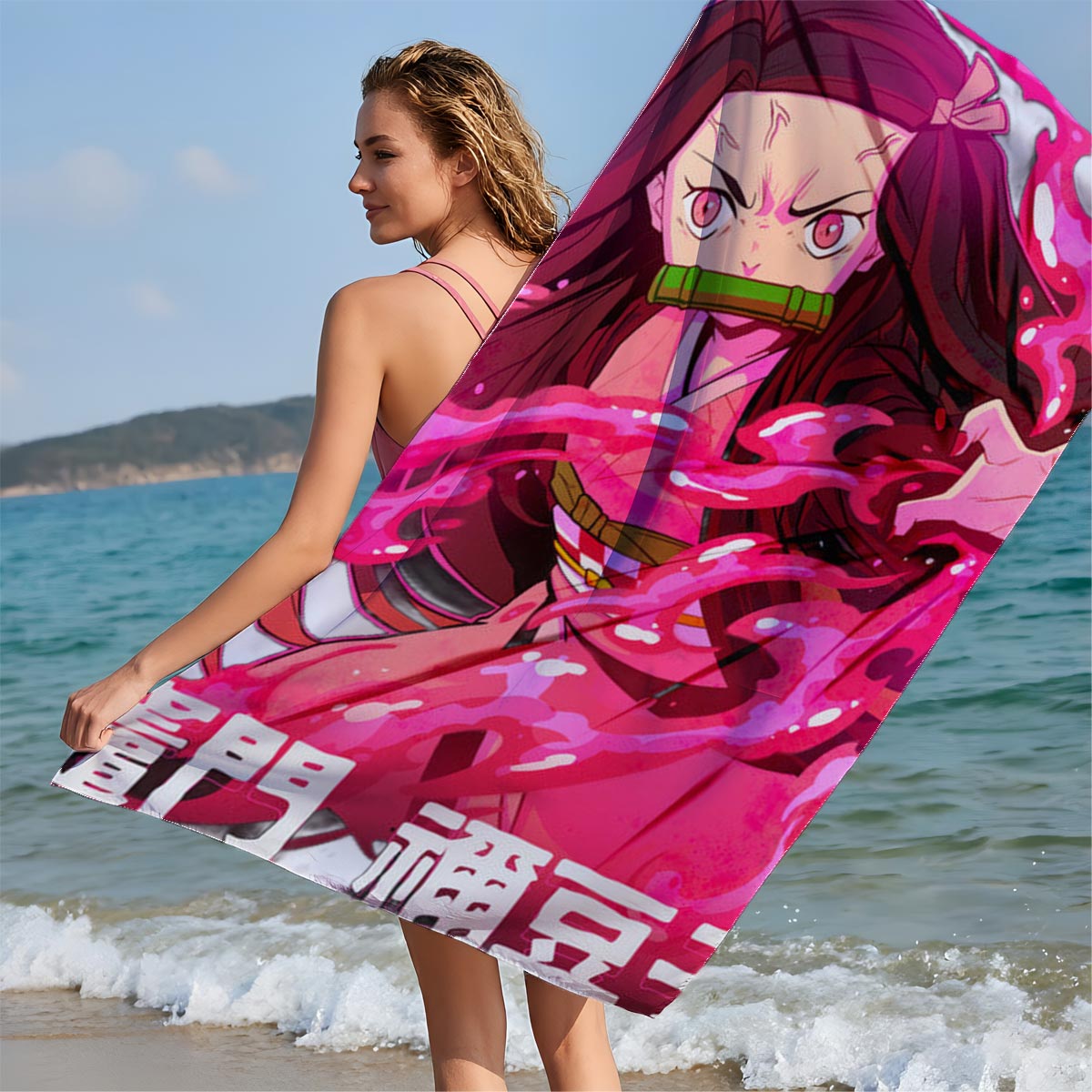 Nezuko Kamado from Demon Slayer: Kimetsu no Yaiba, depicted with intense pink flames and a fierce expression, showcasing her transformation. - Beach towels