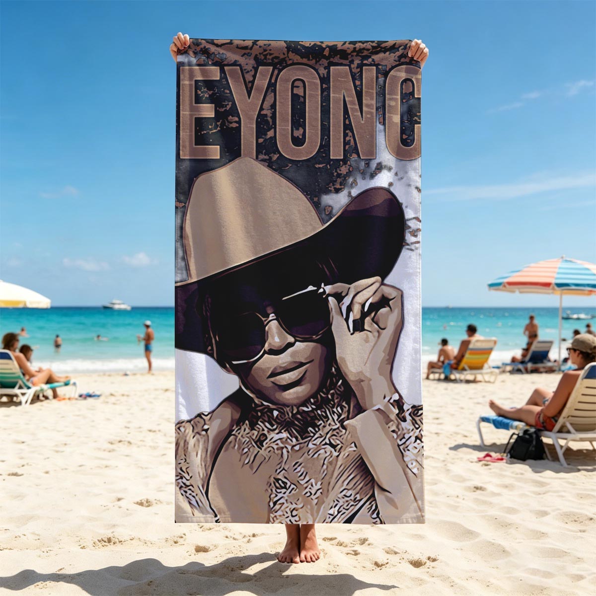 Beyoncé in Cowboy Hat and Sunglasses Artwork - Beach towels