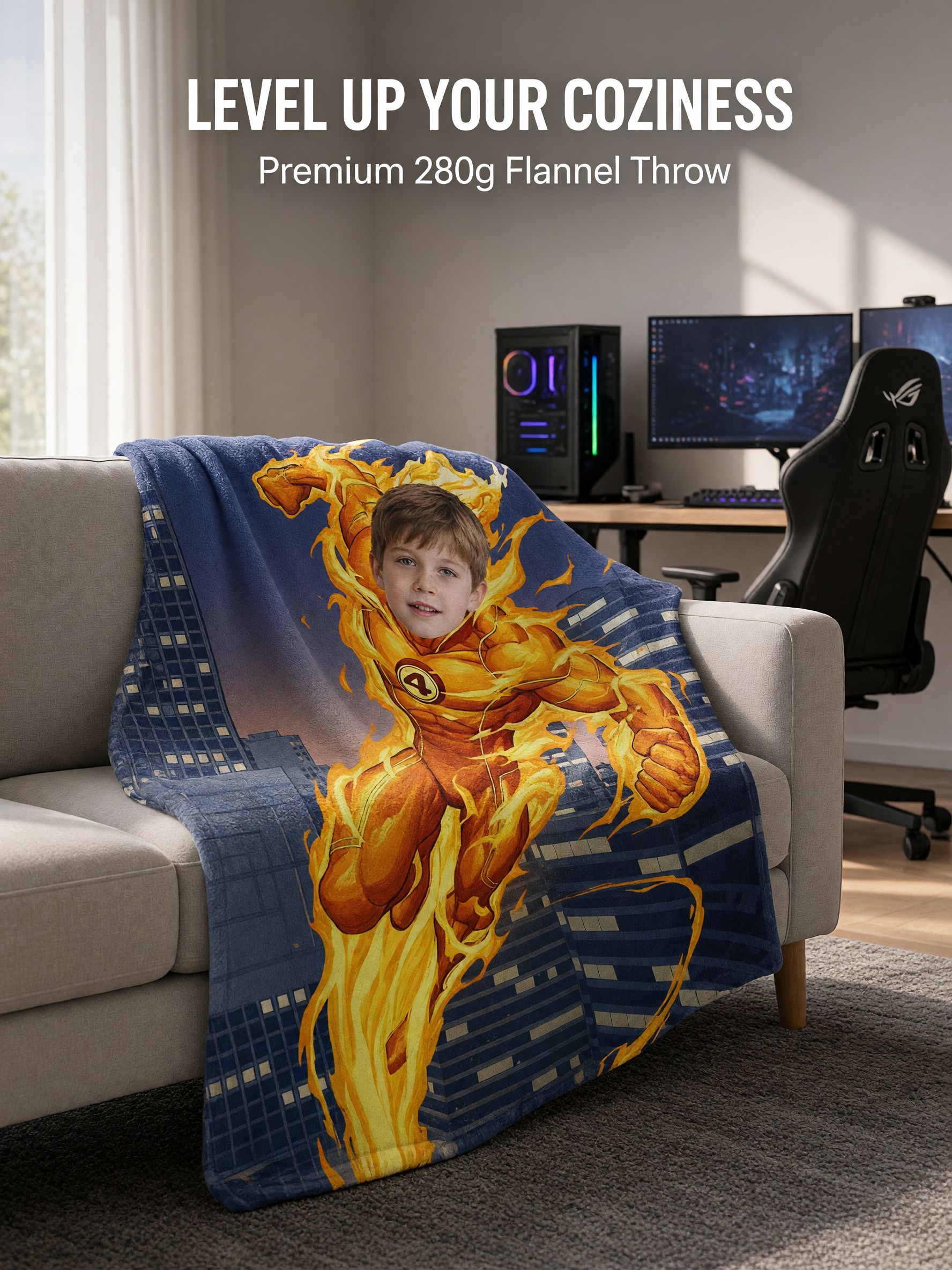 Custom Photo Superhero Flannel Fleece Blanket, Personalized Face Throw for Bed and Sofa, Cozy Warm Keepsake Gift for
