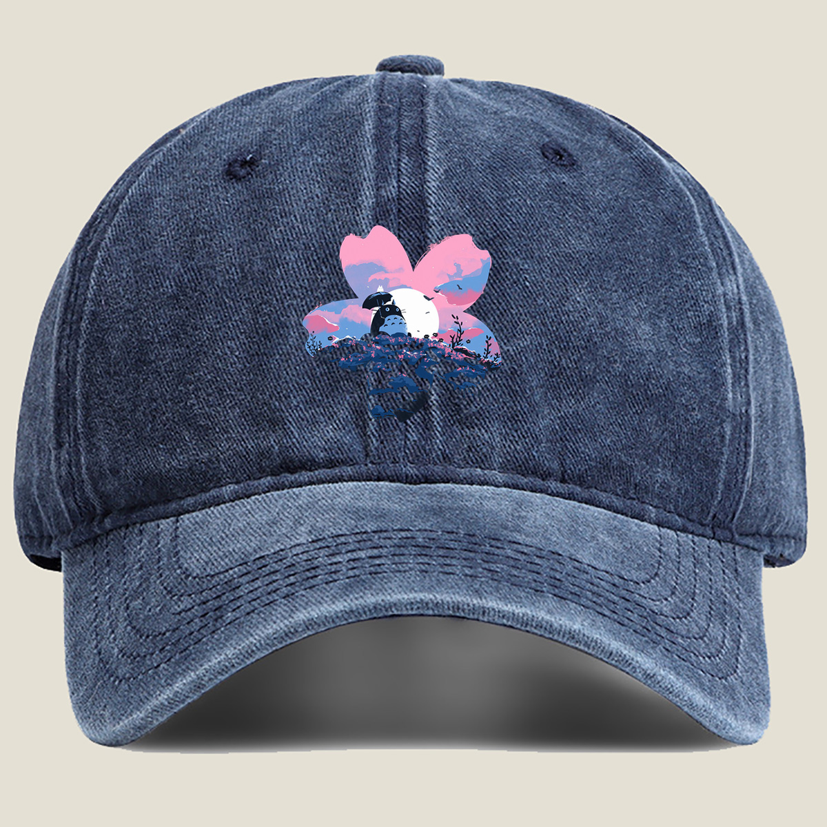 Totoro Under Cherry Blossom Moon - Washed Denim - Baseball Cap