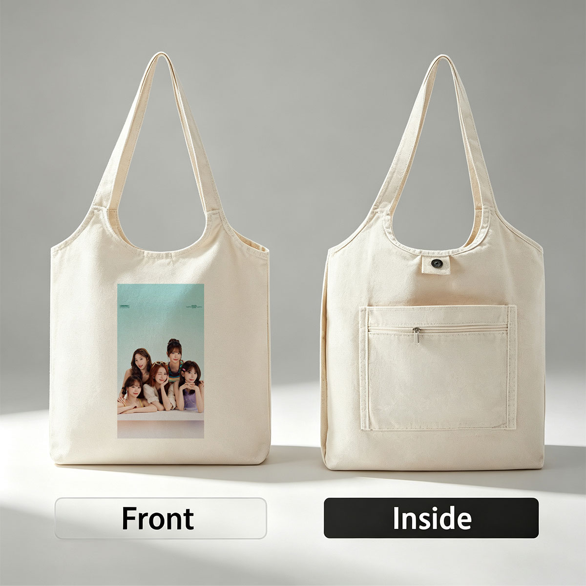 LE SSERAFIM Summer Beach Vibes Group Photo with Pastel Background and Stylish Outfits - Canvas shoulder bags/