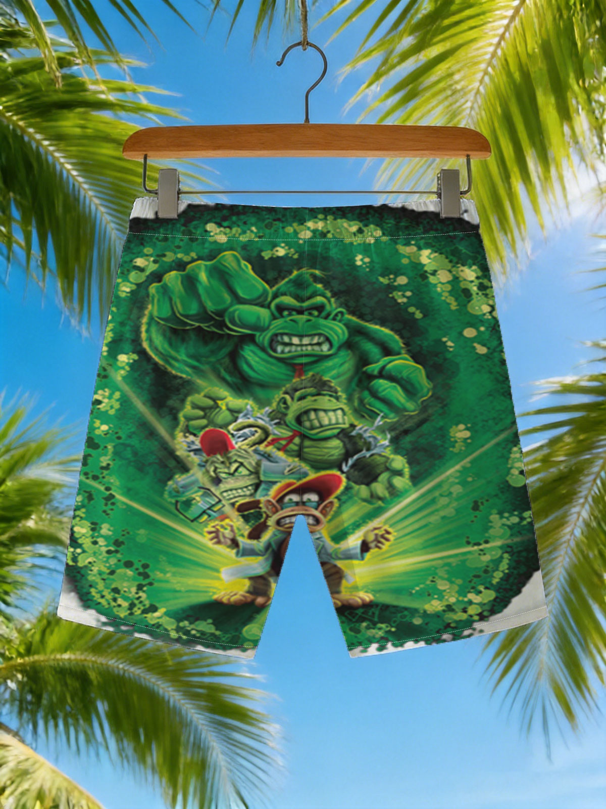 Donkey Kong, Diddy Kong, and King K. Rool in a dynamic green energy burst -  Beach shorts