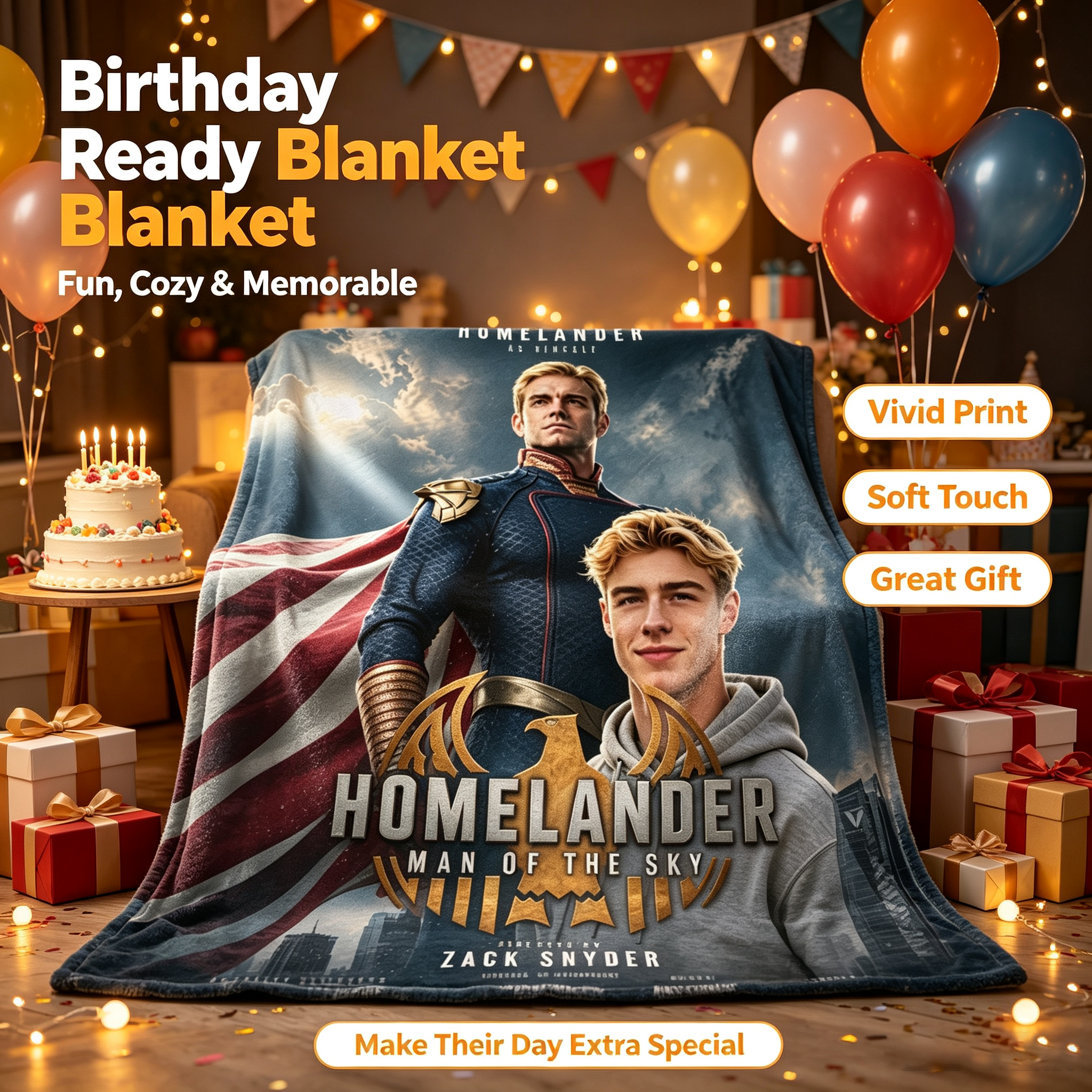 Custom Face Blanket Homelander Man of the Sky Flannel Blanket Superhero Fan Gift for Teens and Adults Perfect for Couch, Bed, or Movie Night Giveaway