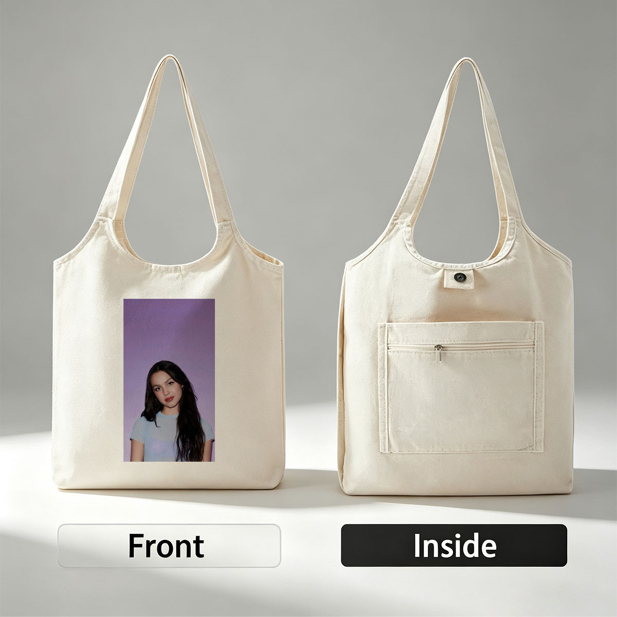 Olivia Rodrigo in a Soft Blue Top Against a Purple Gradient Background - Canvas shoulder bags/