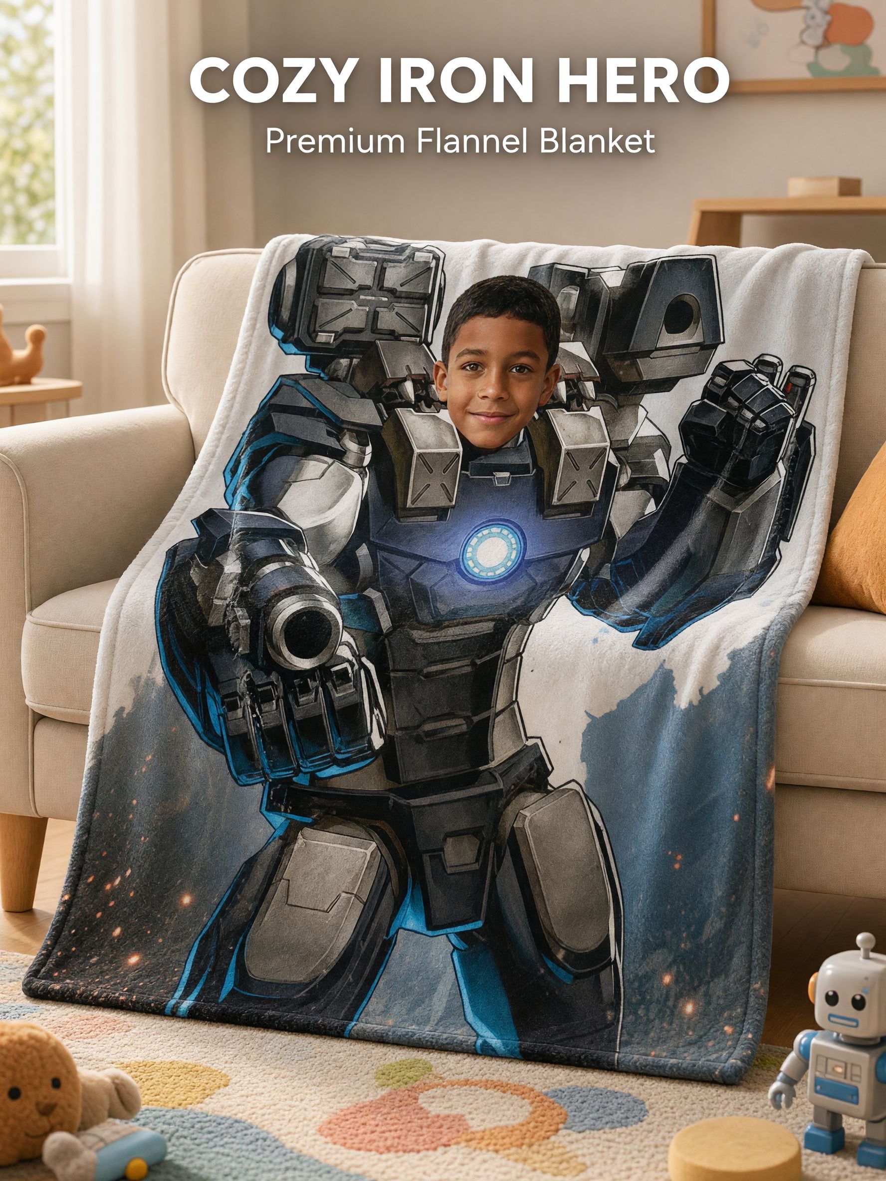Personalized Photo Face Mech Armor Flannel Blanket Custom Superhero Throw Lightweight Ultra Soft Cozy Bed Couch Gift