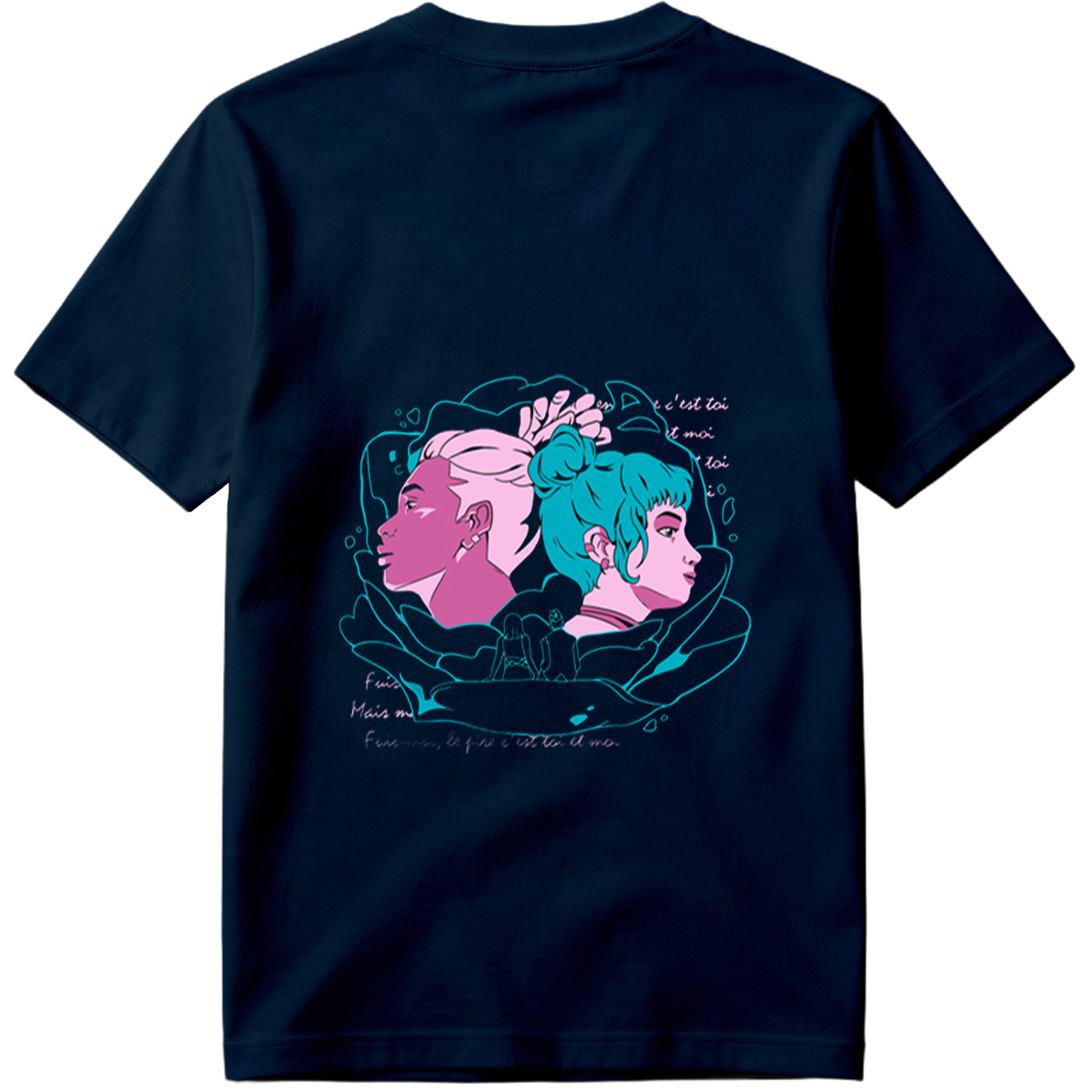Two Women in Profile: A Stylized Artwork Featuring Pink and Teal Hair with French Text - Tee