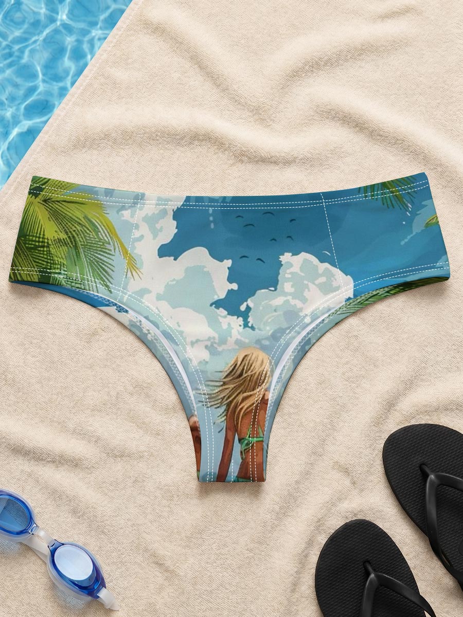 Woman surfing on tropical beach with palm trees and blue sky -  Men's swim trunks