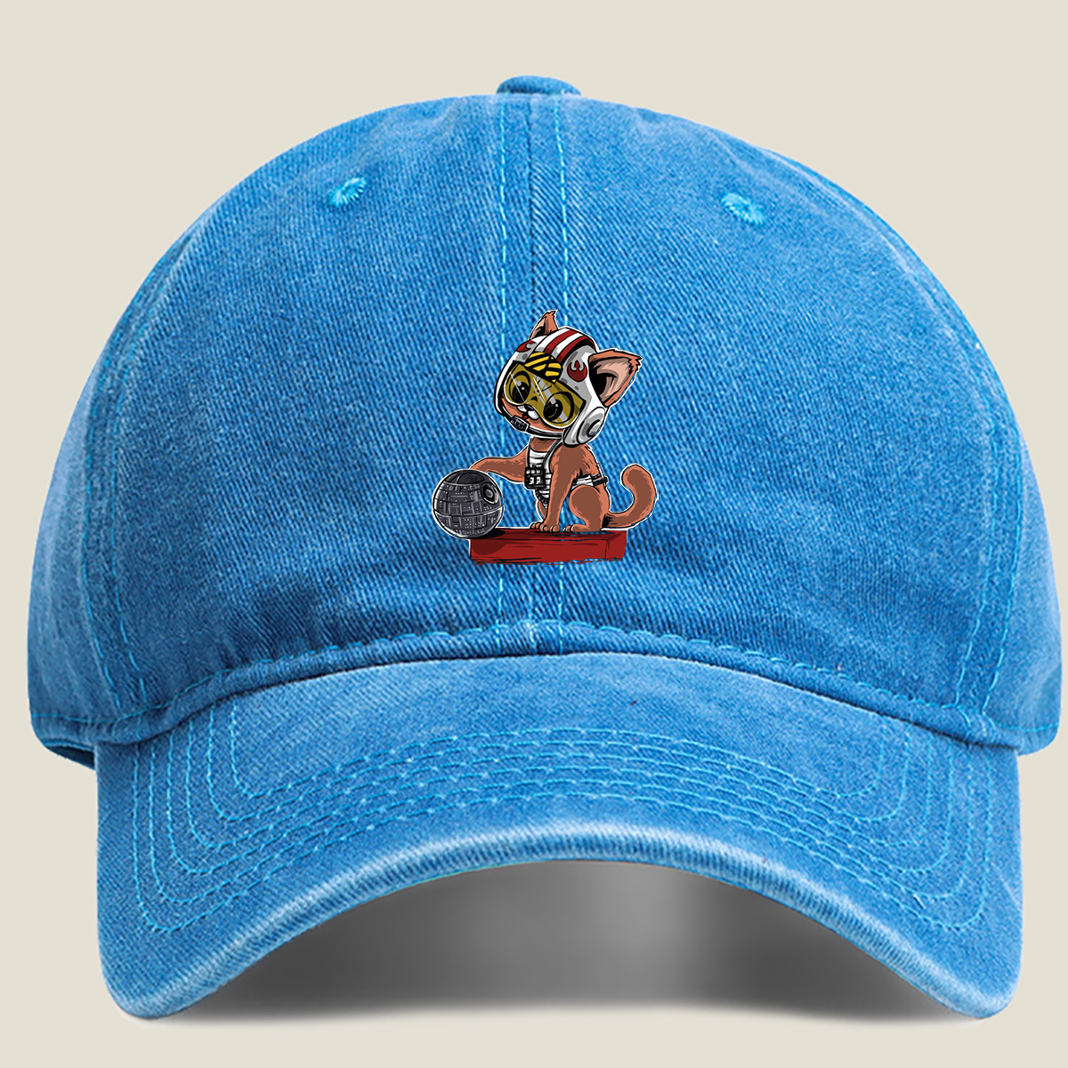 Star Wars Cat Pilot with Death Star - Washed Denim - Baseball Cap