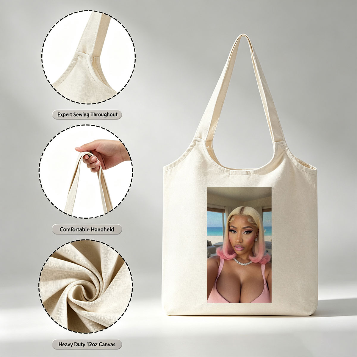Cardi B Beachside Glamour in Pink Hair and Sparkling Jewelry - Canvas shoulder bags/