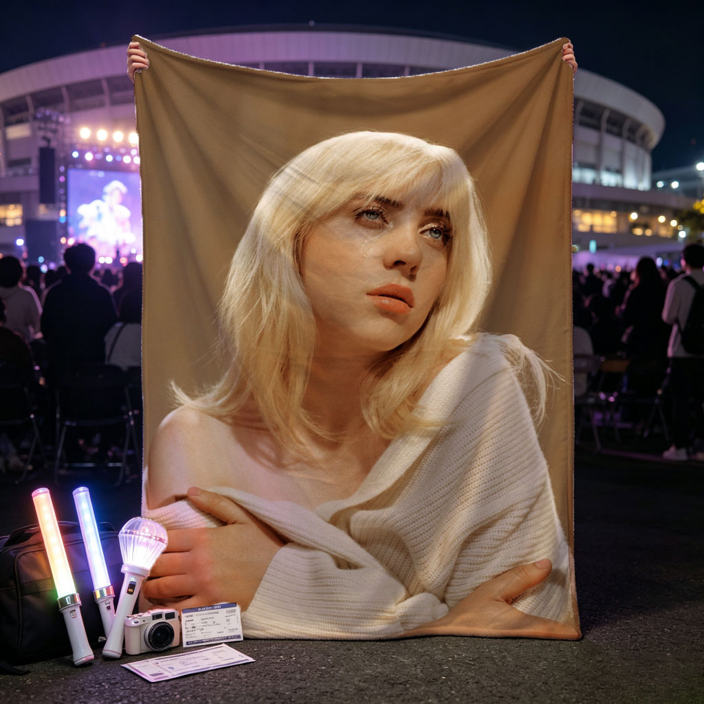 Billie Eilish in a Soft Portrait Wearing a White Off-Shoulder Sweater with Blonde Hair and Blue Eyes - Blankets