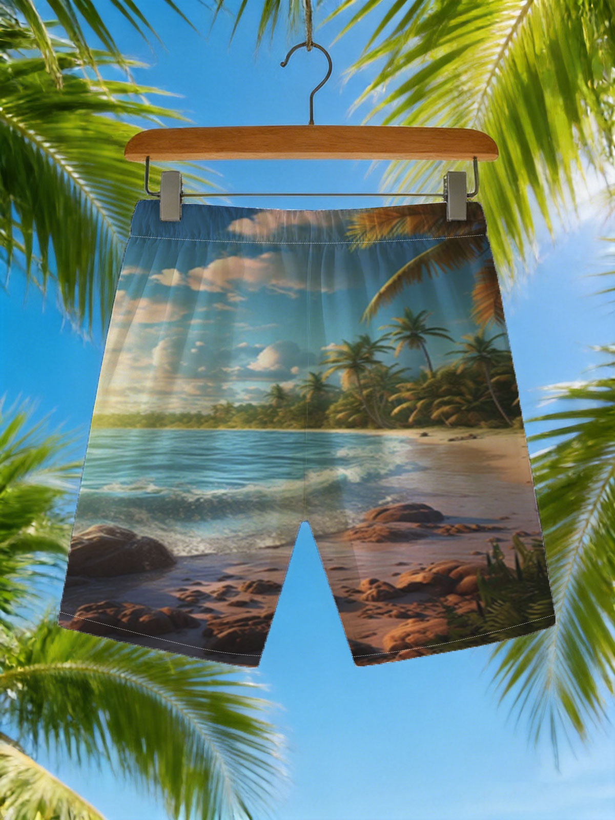 Tropical Beach at Sunset with Palm Trees and Gentle Waves -  Beach shorts