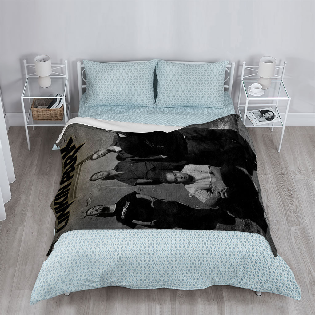 Linkin Park Band Members in a Grungy Urban Setting with Black and White Aesthetic - Blankets