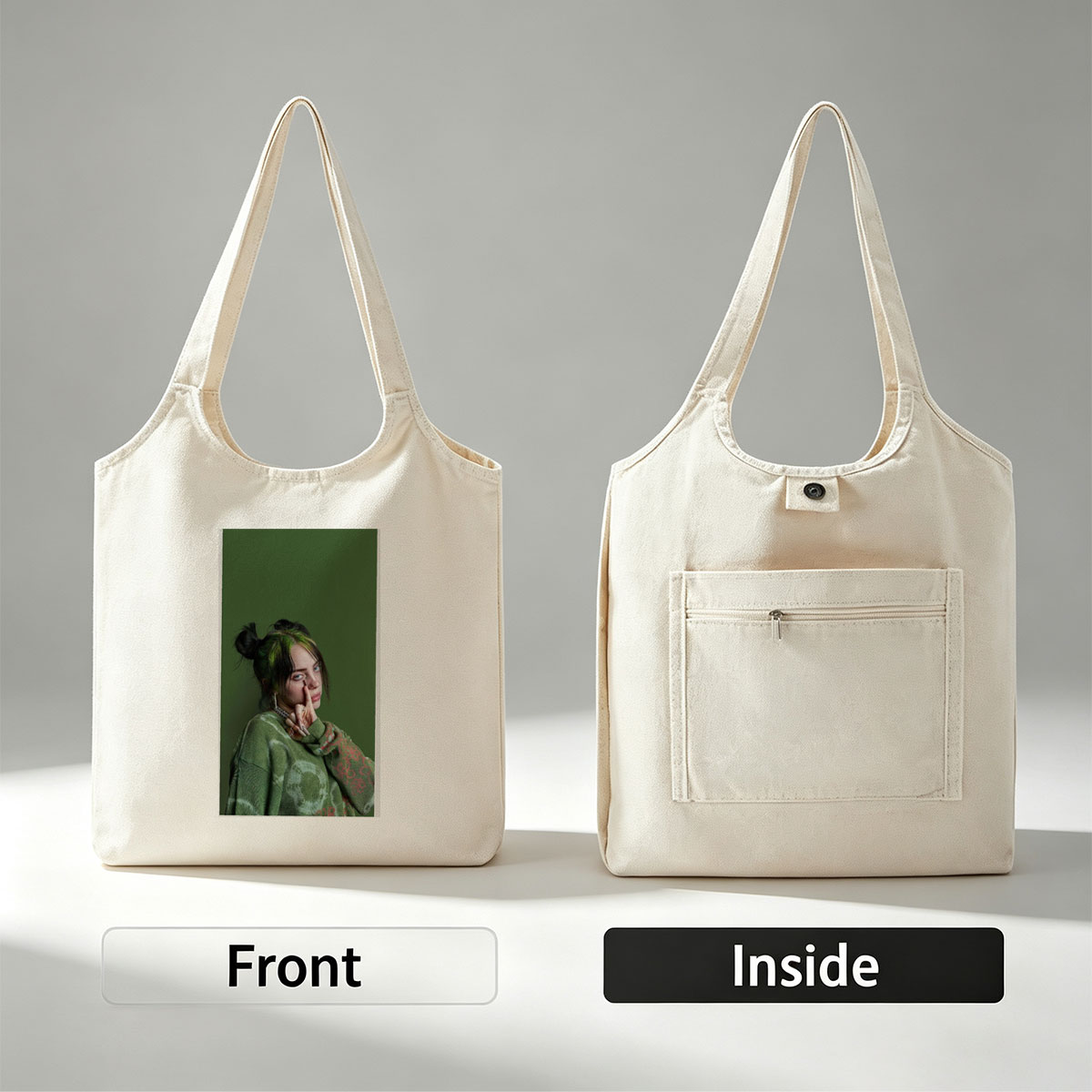 Billie Eilish in Studio Portrait Wearing Green Knit Sweater with Hair in Buns and Fingers on Face - Canvas shoulder bags/