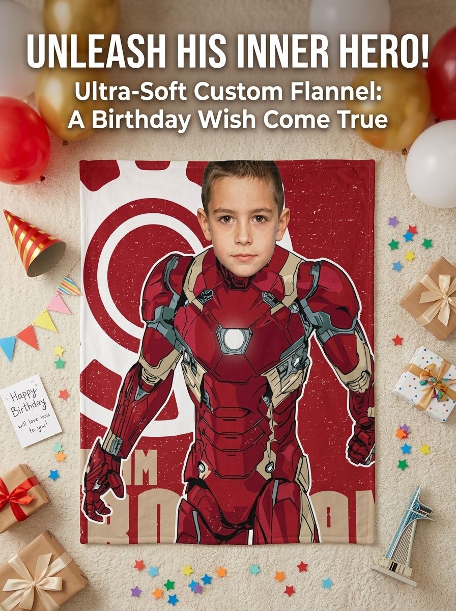 Custom Face Photo Superhero Flannel Blanket Personalized Cozy Warm Throw Blanket for Boys Girls Birthday Gift