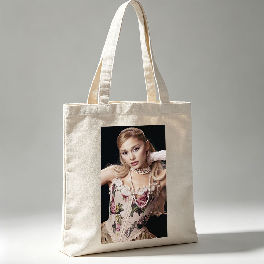 Ariana Grande in Elegant Floral Corset with Pearl Necklace and Vintage Style Pose - Canvas tote bags