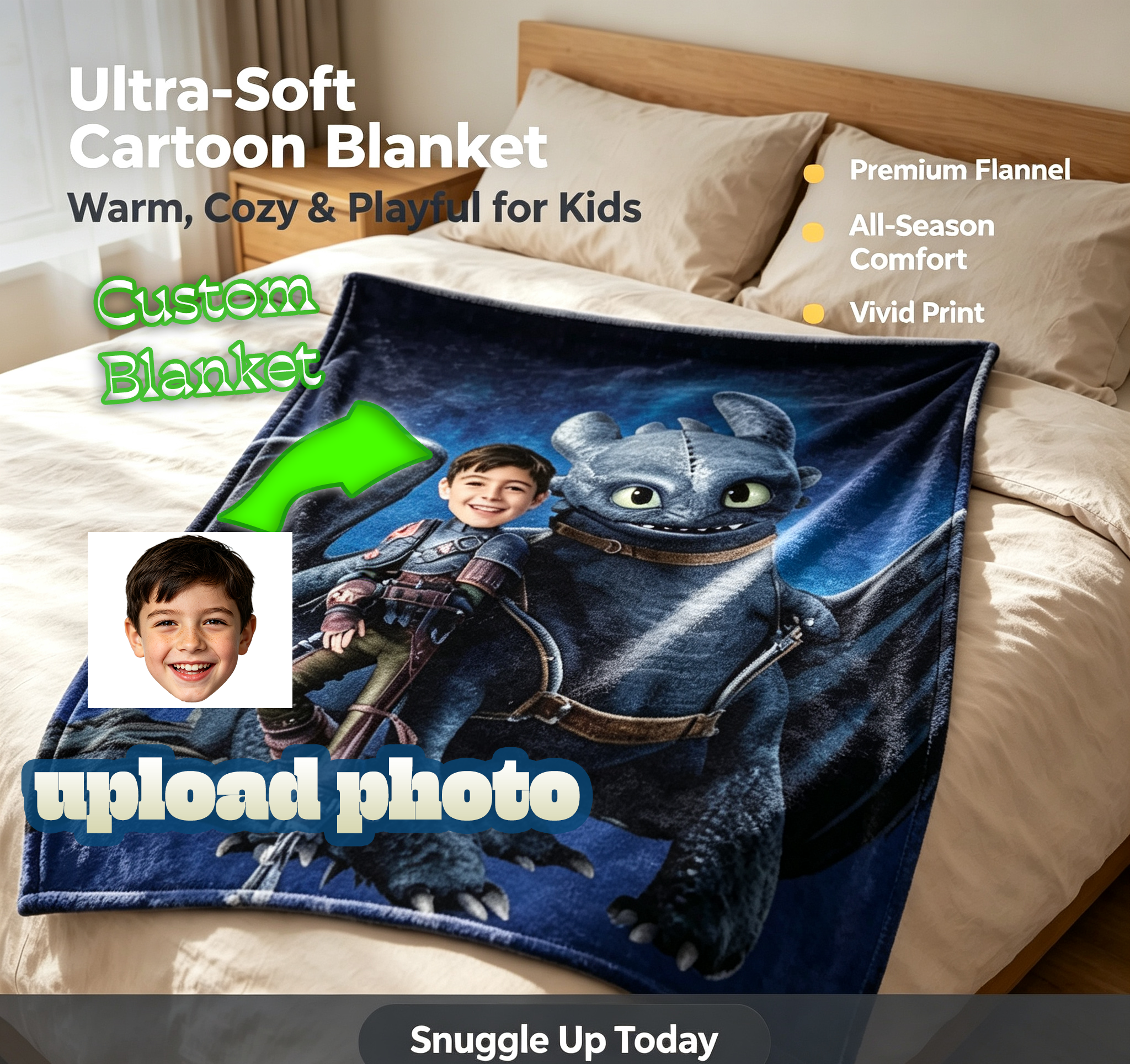 How to Train Your Dragon Toothless Personalized Photo Blanket, Custom Picture Fleece Blanket for Kids Birthday Gift