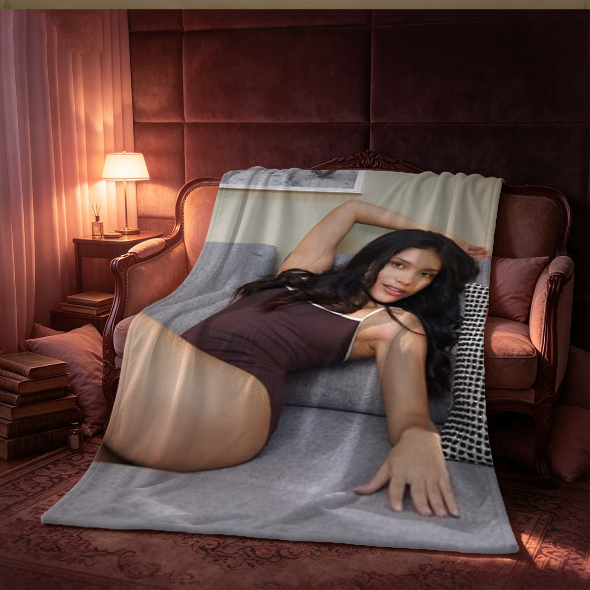 Gorgeous Asian beauty in black glasses and sheer pantyhose sitting on floor. - Blanket