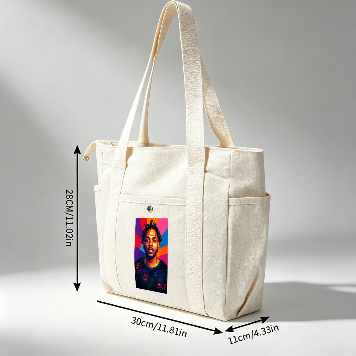 Kendrick Lamar Portrait in Vibrant Geometric Art Style with Colorful Radiant Background - Multi-pocket bags