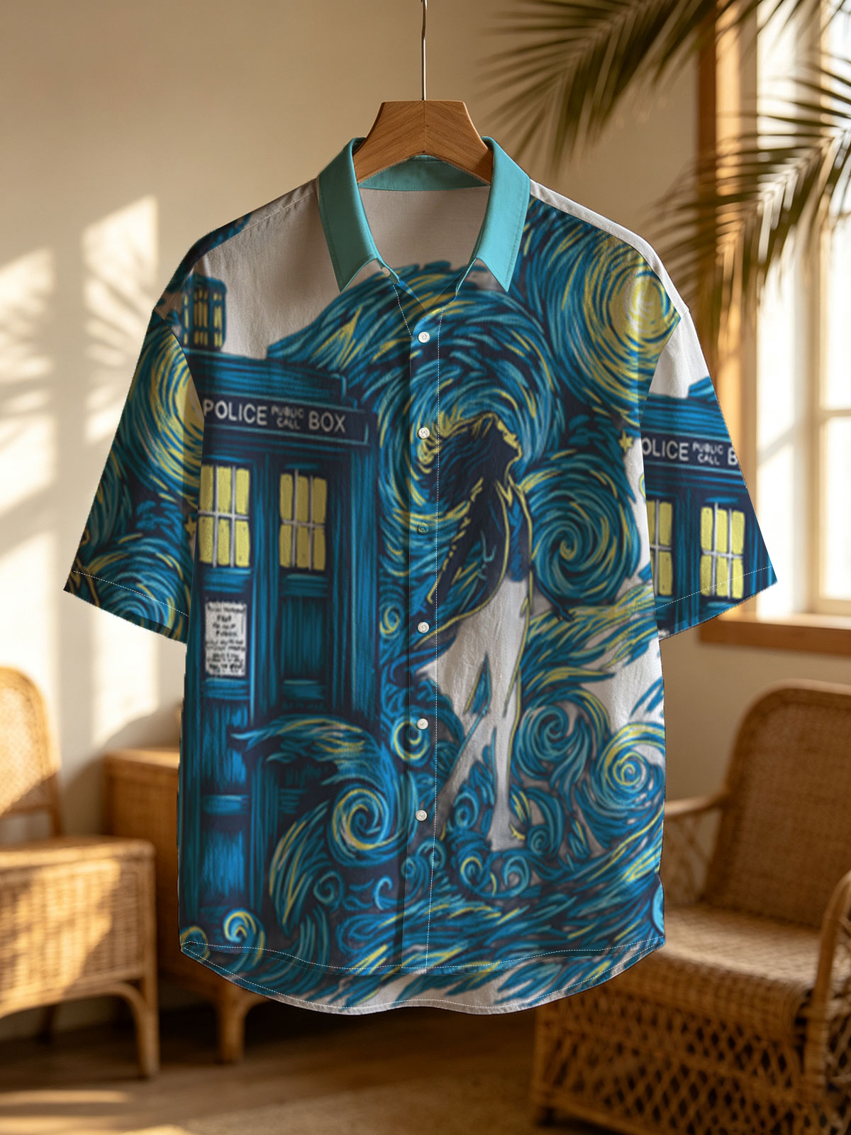 Doctor Who TARDIS in Starry Night Style with Silhouette Figure -  Shirt