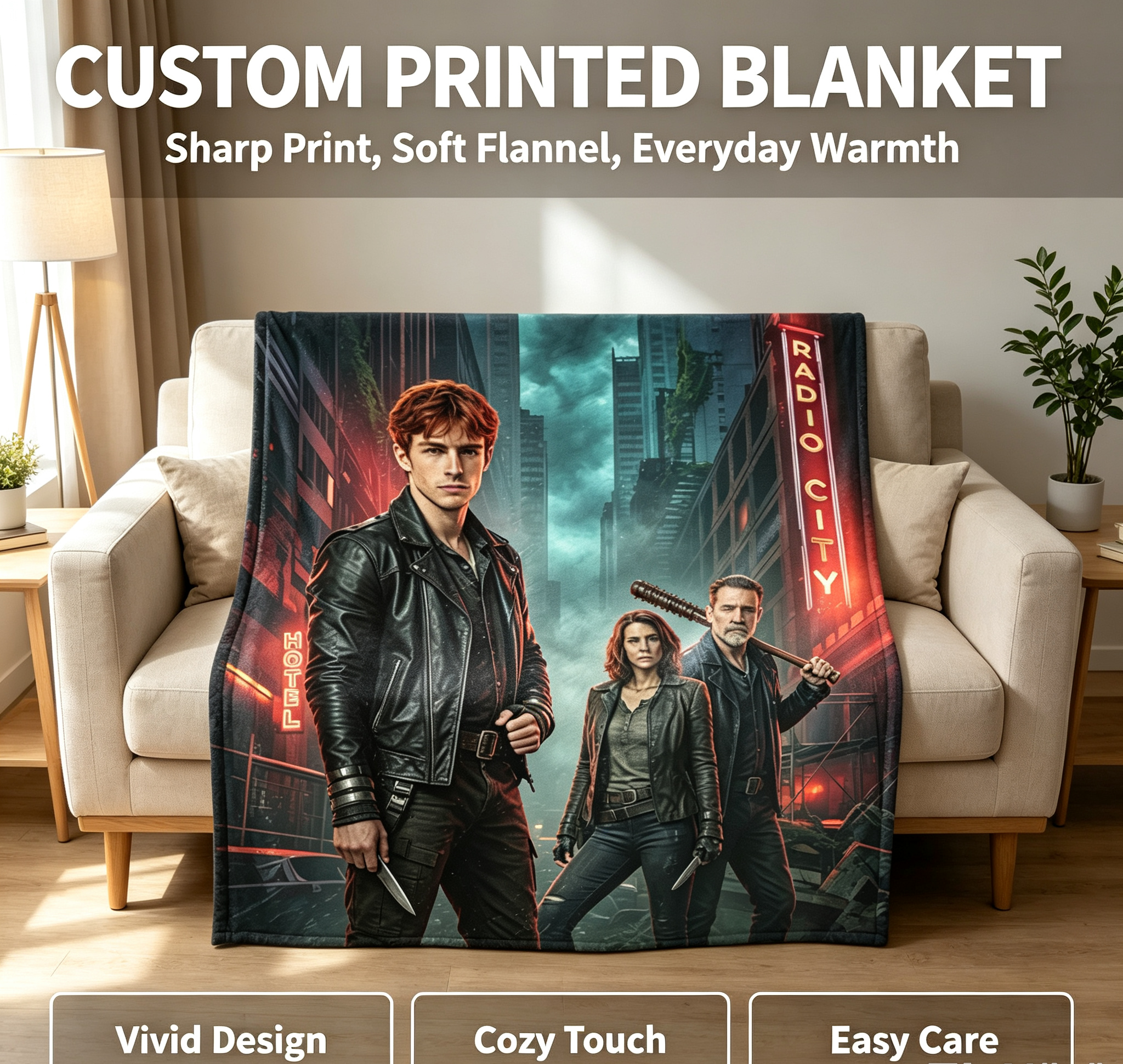 Custom Face Blanket The Walking Dead Dead City Season 3 Flannel Blanket for Fans and Collectors – Perfect Gift or Giveaway for TV Show Enthusiasts