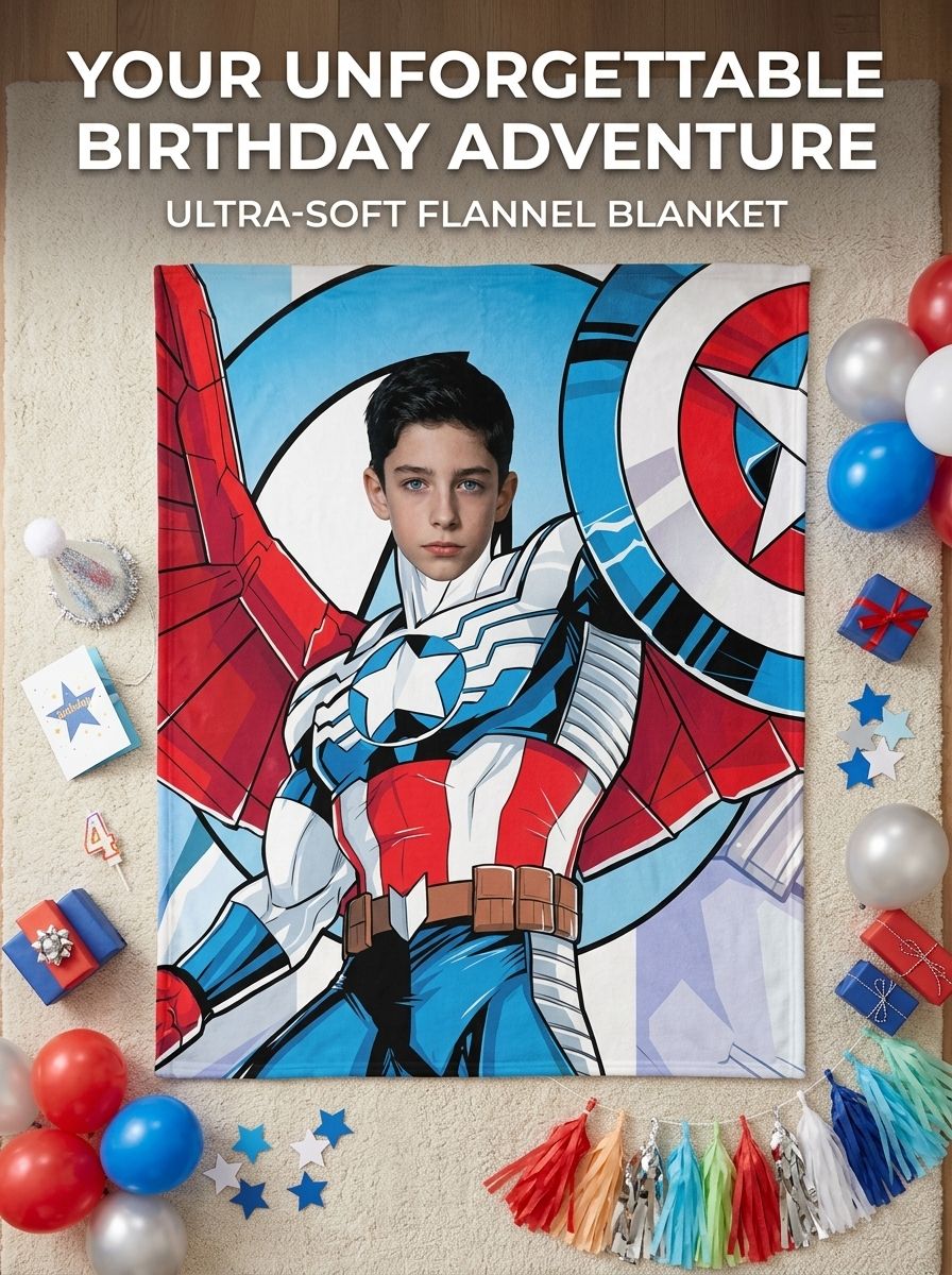 Custom Superhero Photo Fleece Blanket Personalized Face Portrait Throw for Kids and Adults Cozy Birthday Gift