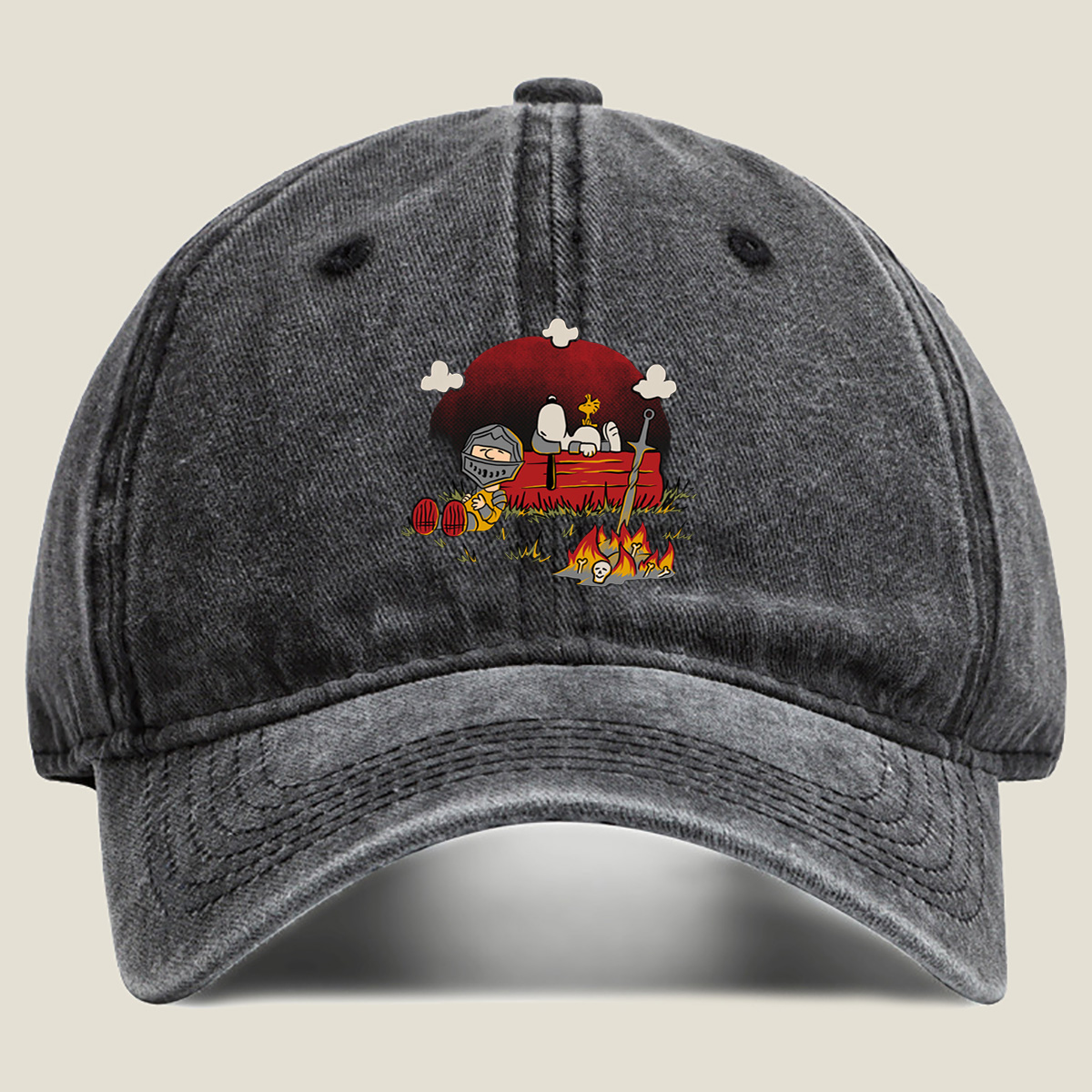 **Title:** Knight and Bone in the Moonlight - Washed Denim - Baseball Cap