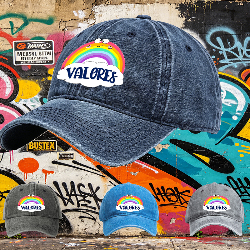 Unisex Classic Washed Cap with Rainbow and Valores Print - Casual Streetwear Hat for Outdoor Activities, Perfect for Youth and Adults Seeking Fun, Colorful Style