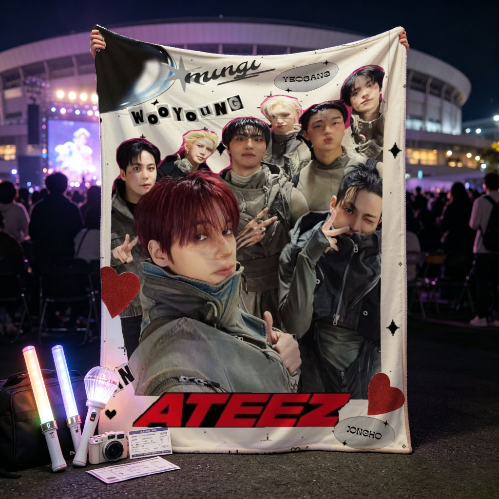 ATEEZ Group Photo Featuring Members in Stylish Outfits with Heart and Name Decorations - Blankets