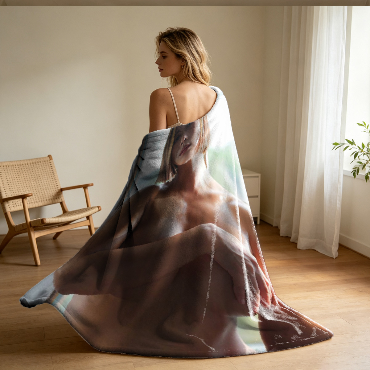 A woman in white lace lingerie kneeling on a blue bench in a bedroom. - Blanket