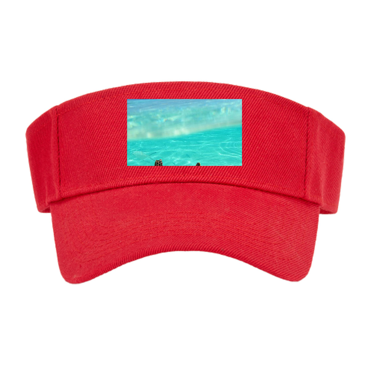 Sea turtle swims in crystal-clear turquoise waters near a tropical island. -  Visor cap