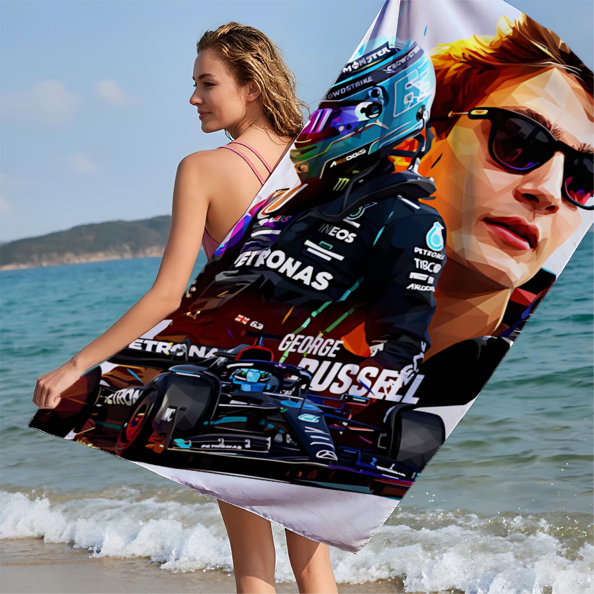 George Russell F1 Driver in Petronas Racing Gear with Formula 1 Car - Beach towels