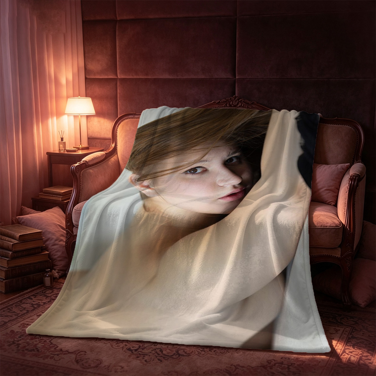 Nude woman in sheer robe posing in modern living room - Blanket