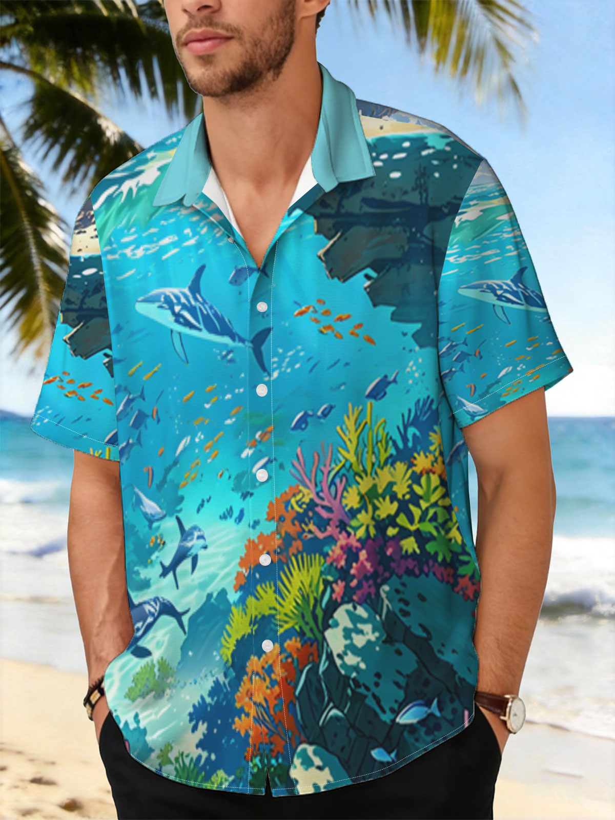 Vibrant Coral Reef with Dolphins and Tropical Fish -  Shirt