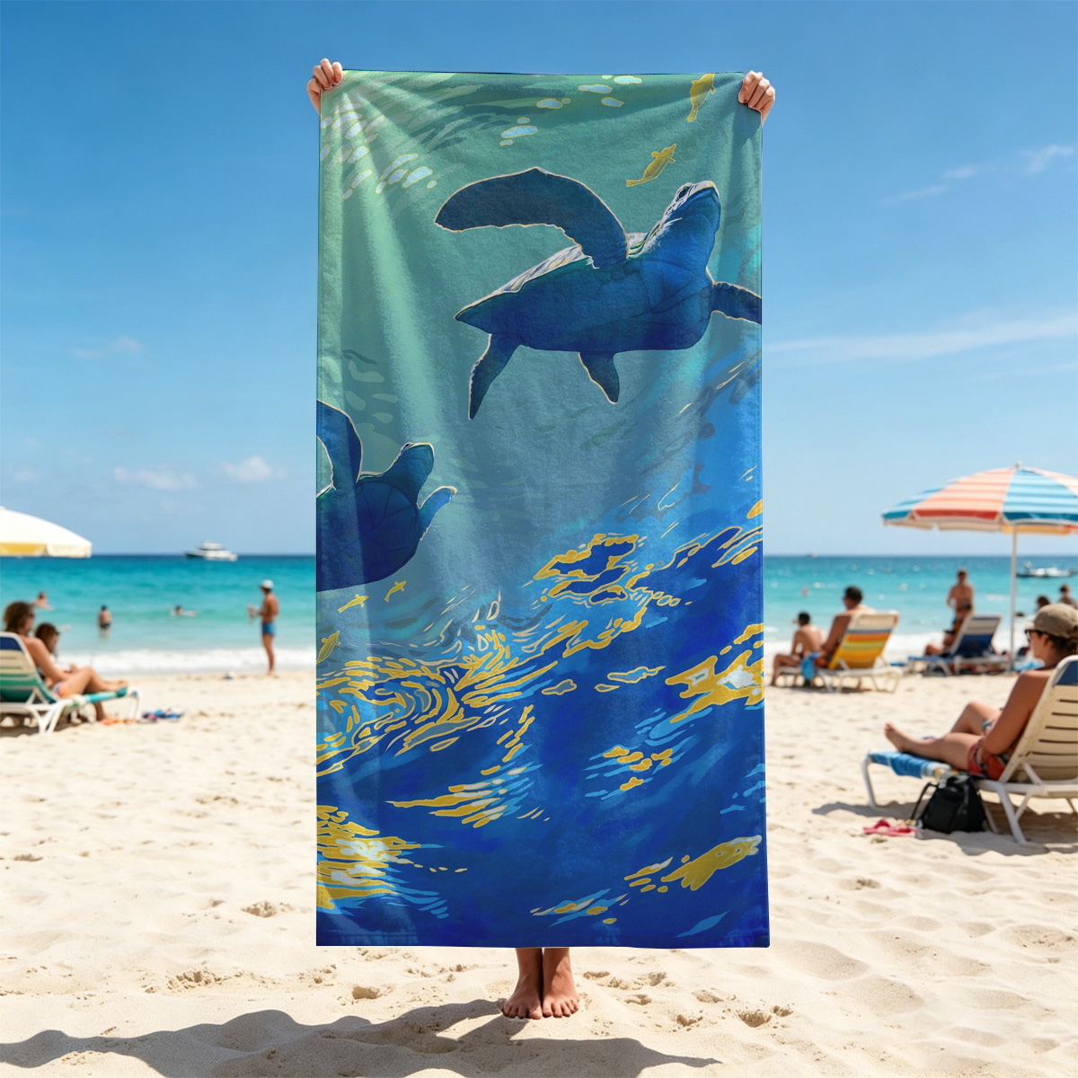 Sea Turtles Gliding Through Sunlit Waters - Beach towels