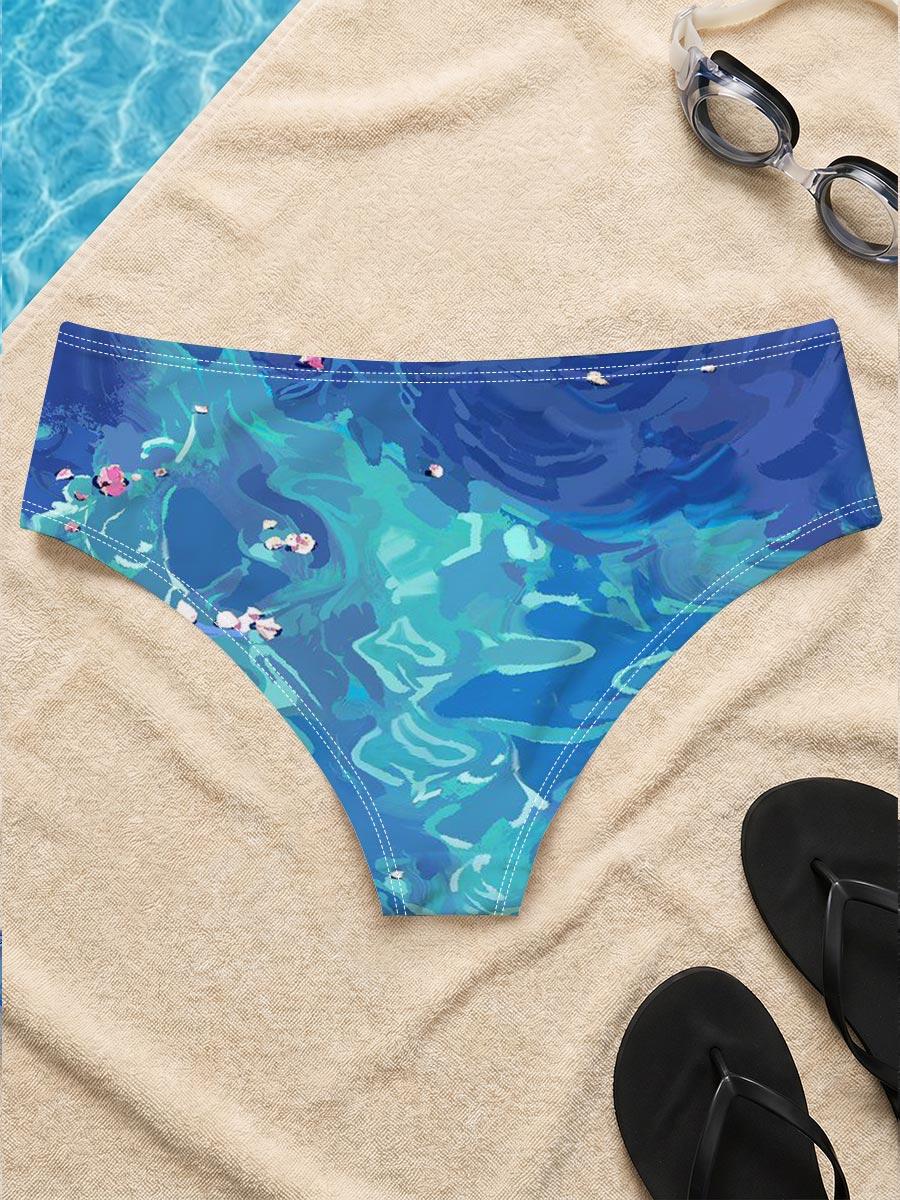 Ducks floating on a vibrant blue pond with scattered petals -  Men's swim trunks