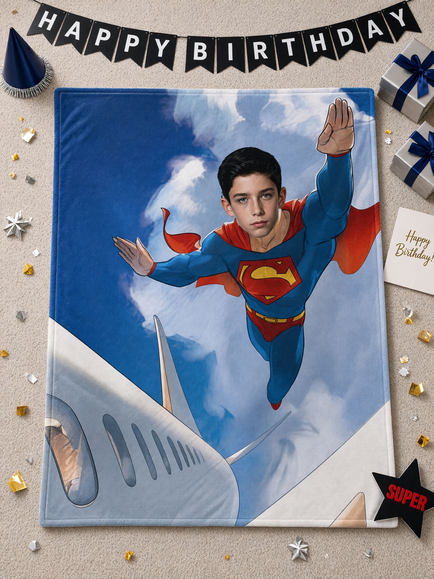 Personalized Superhero Photo Blanket, Custom Face Plush Flannel Throw for Kids, Ideal Cozy Gift for Bed and Couch