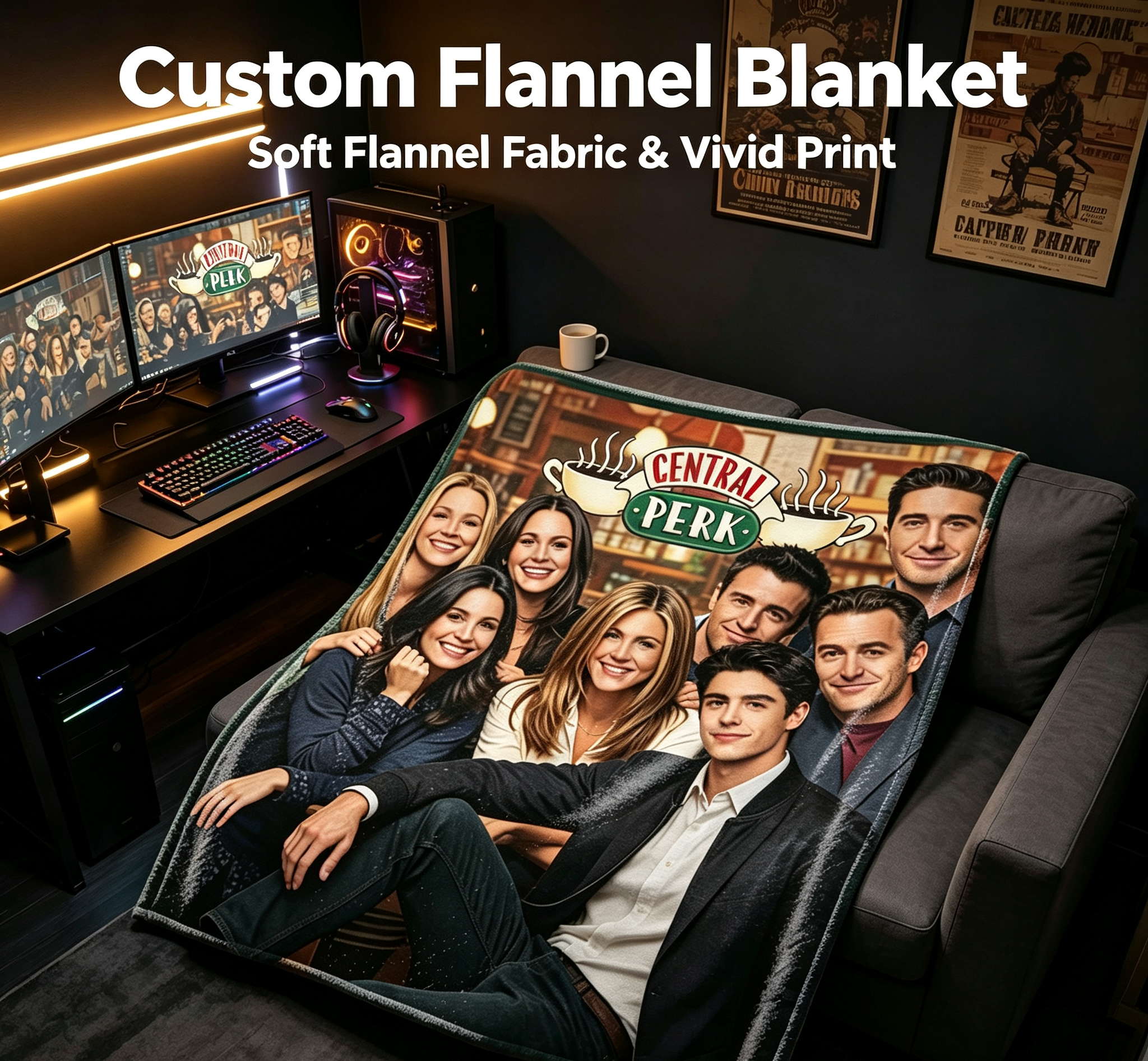 Custom Face Blanket Friends TV Show Central Perk Flannel Blanket Cozy Living Room Gift for Fans and Collectors