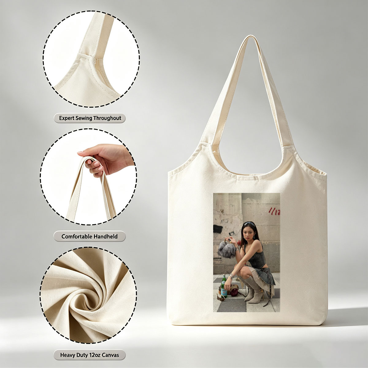 Jennie Kim Street Style Pose with Denim Outfit and Fur Bag - Canvas shoulder bags/