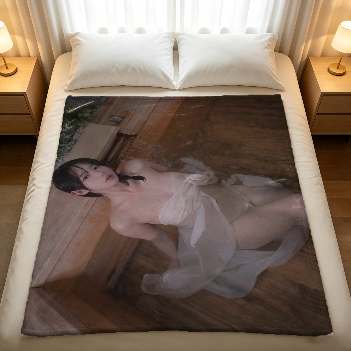 Nude woman with brown hair standing by window overlooking city skyline - Blanket