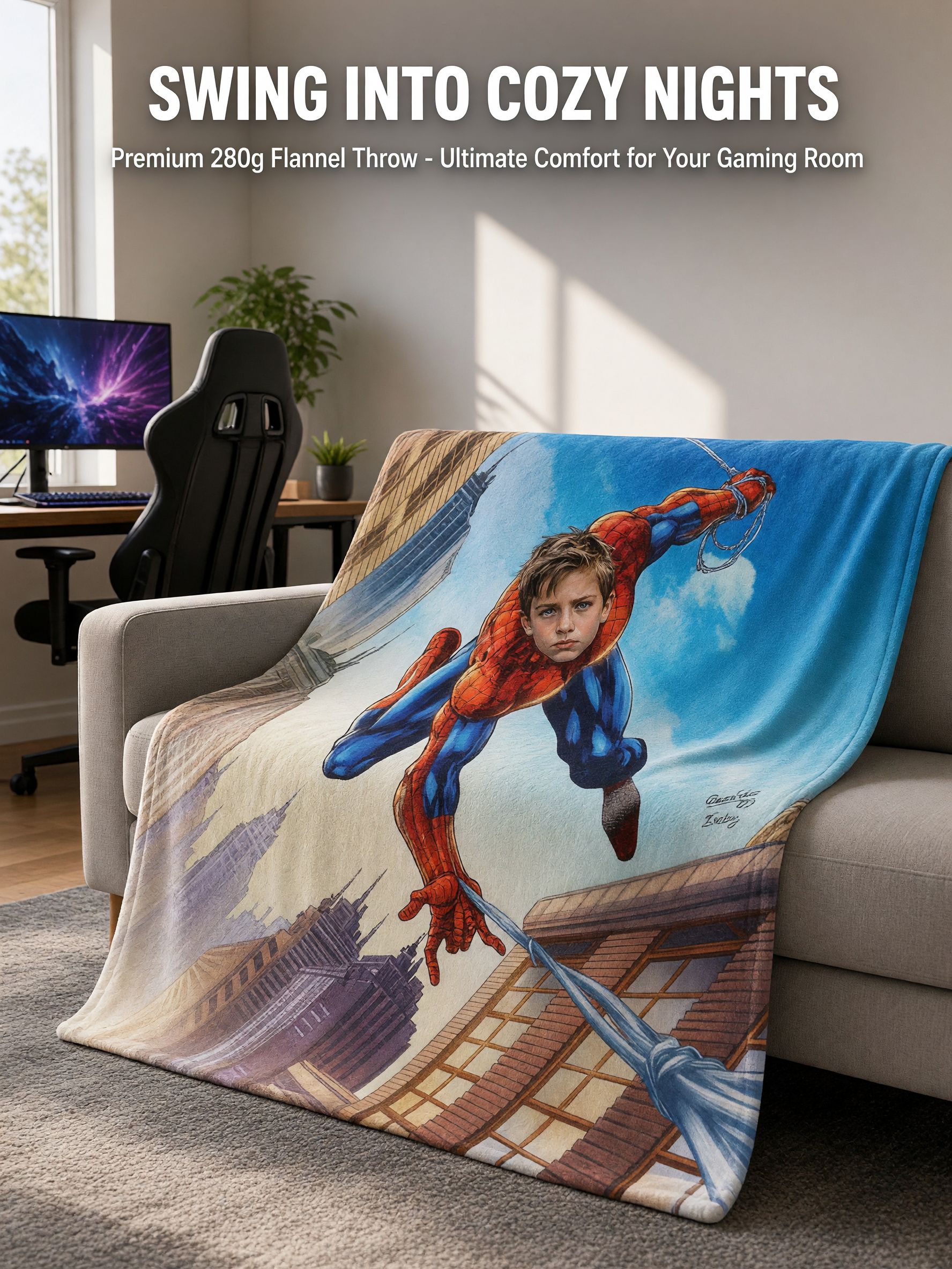 Custom Face Superhero Flannel Blanket, Personalized Photo Throw for Kids Adults, Soft Warm Fleece Bed Couch Decor