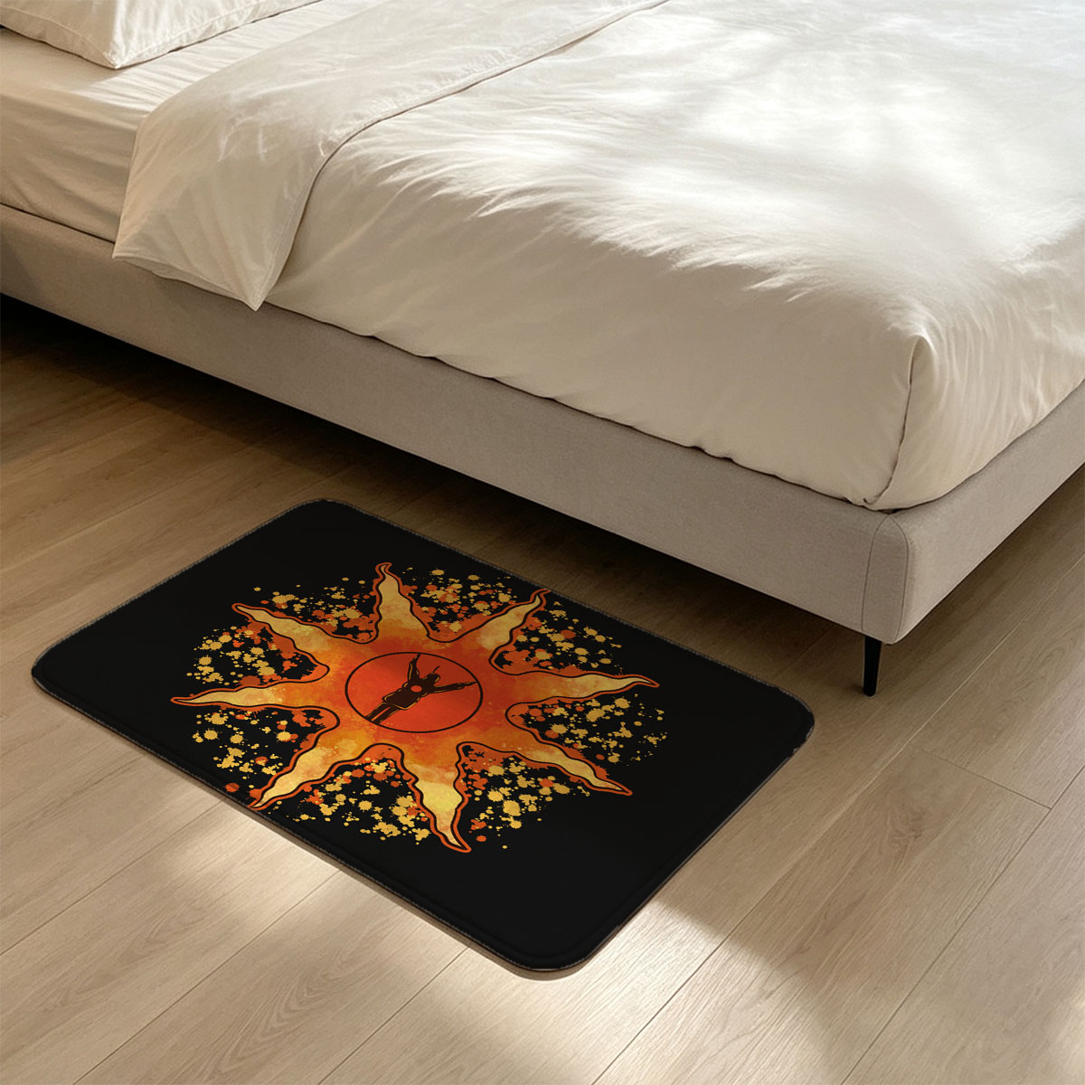 Sunburst Warrior: Silhouette in Radiant Flame - Flannel floor mat