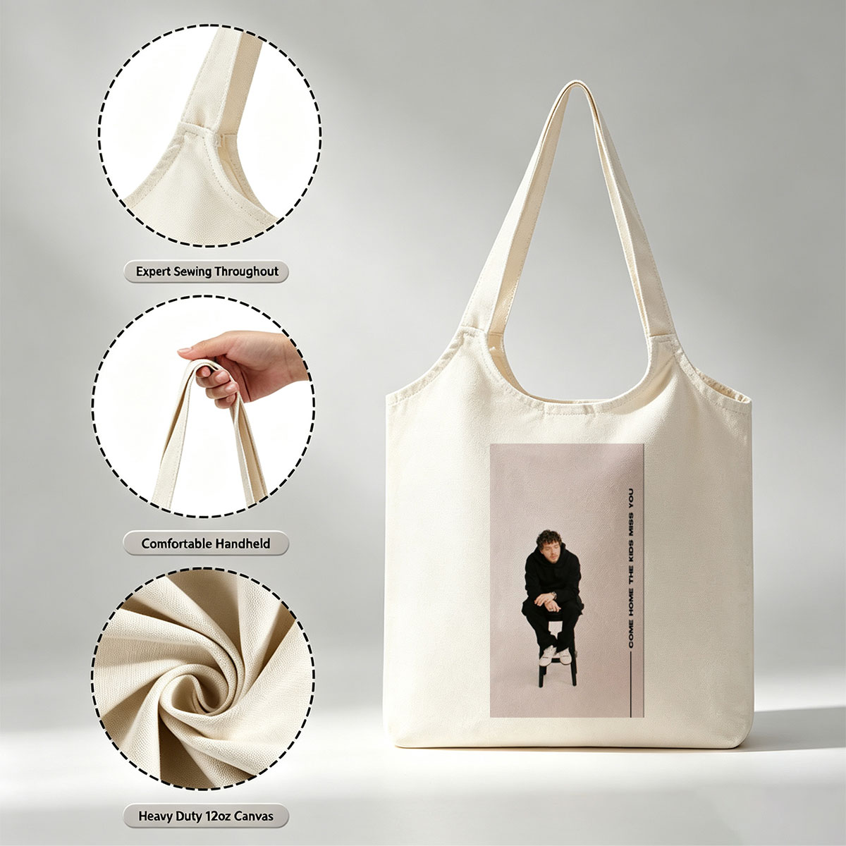 The Kids Come Home Miss You Album Cover Featuring Artist in Black Outfit Sitting on Stool - Canvas shoulder bags/