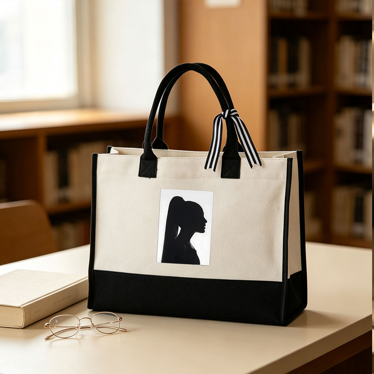 Silhouette of a Woman with Ponytail in Profile View - Canvas patchwork gift tote bag