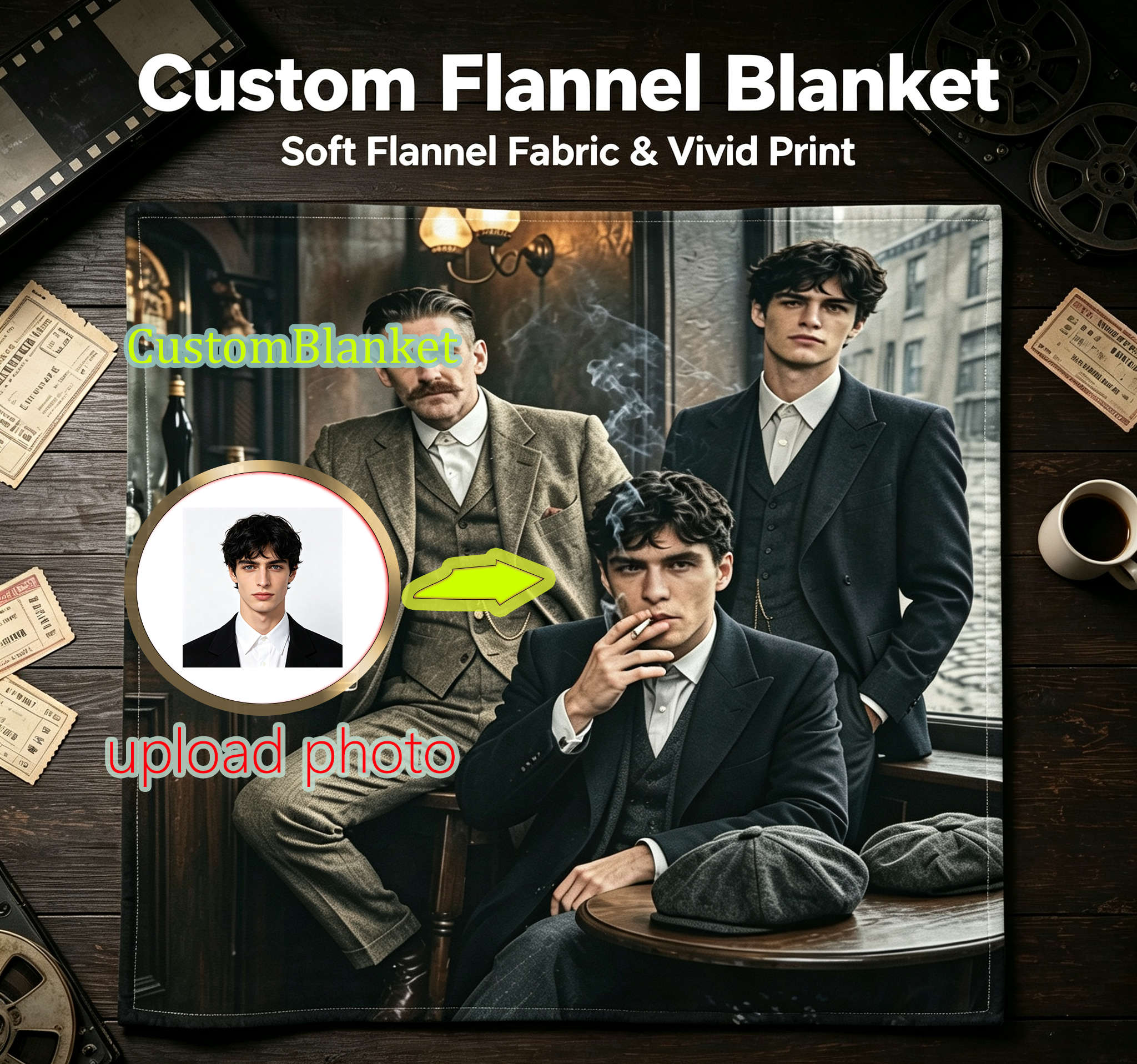 Custom Face Blanket Featuring Vintage Gentlemen in Classic Suit Style Flannel Blanket for Cozy Living Room or Bedroom Use Perfect Gift for Men or Father's Day Giveaway