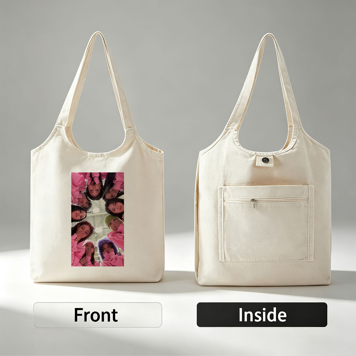 NewJeans Group Photo in Pink Outfits Forming a Circle with Playful Expressions - Canvas shoulder bags/