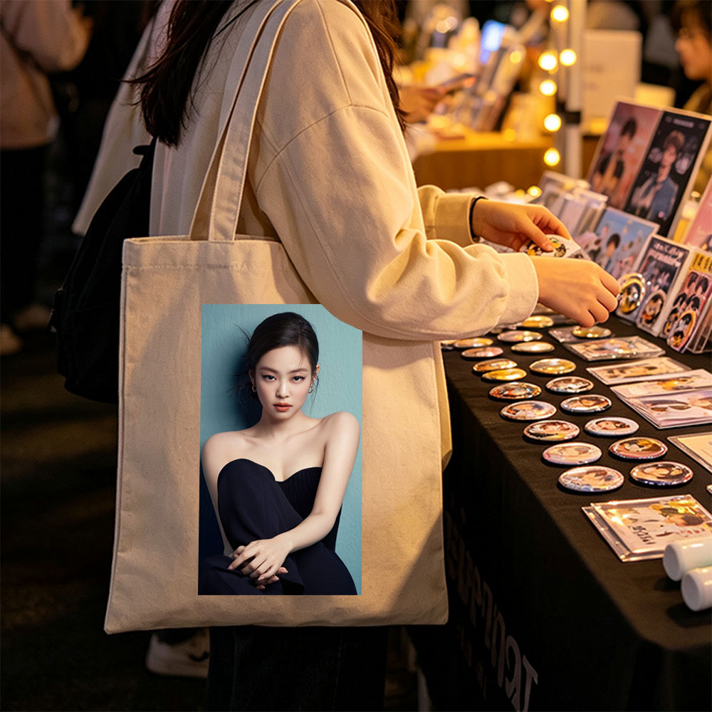 Jennie Kim in Elegant Black Strapless Dress Against Teal Background - Canvas tote bags