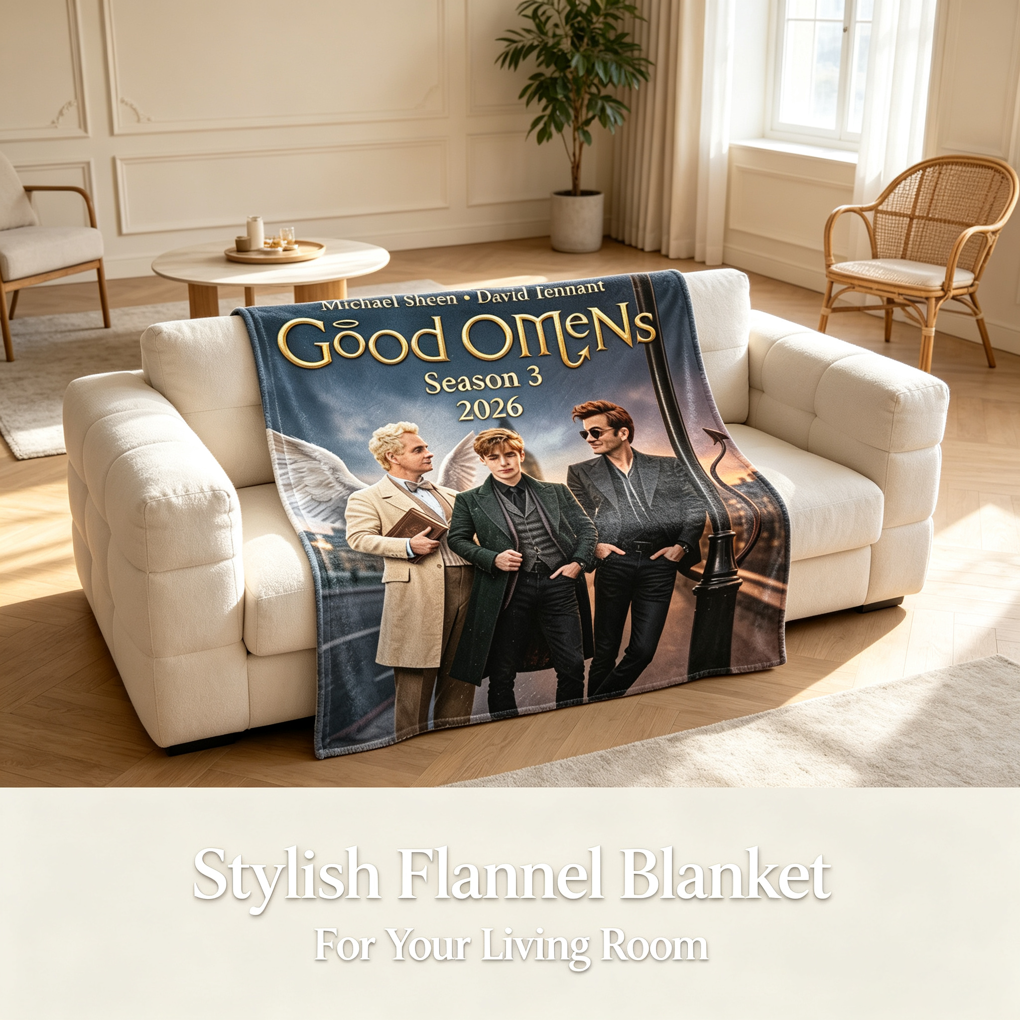 Custom Face Blanket Good Omens Season 3 Flannel Blanket for Fans of Michael Sheen and David Tennant Perfect Gift or Giveaway for TV Show Enthusiasts