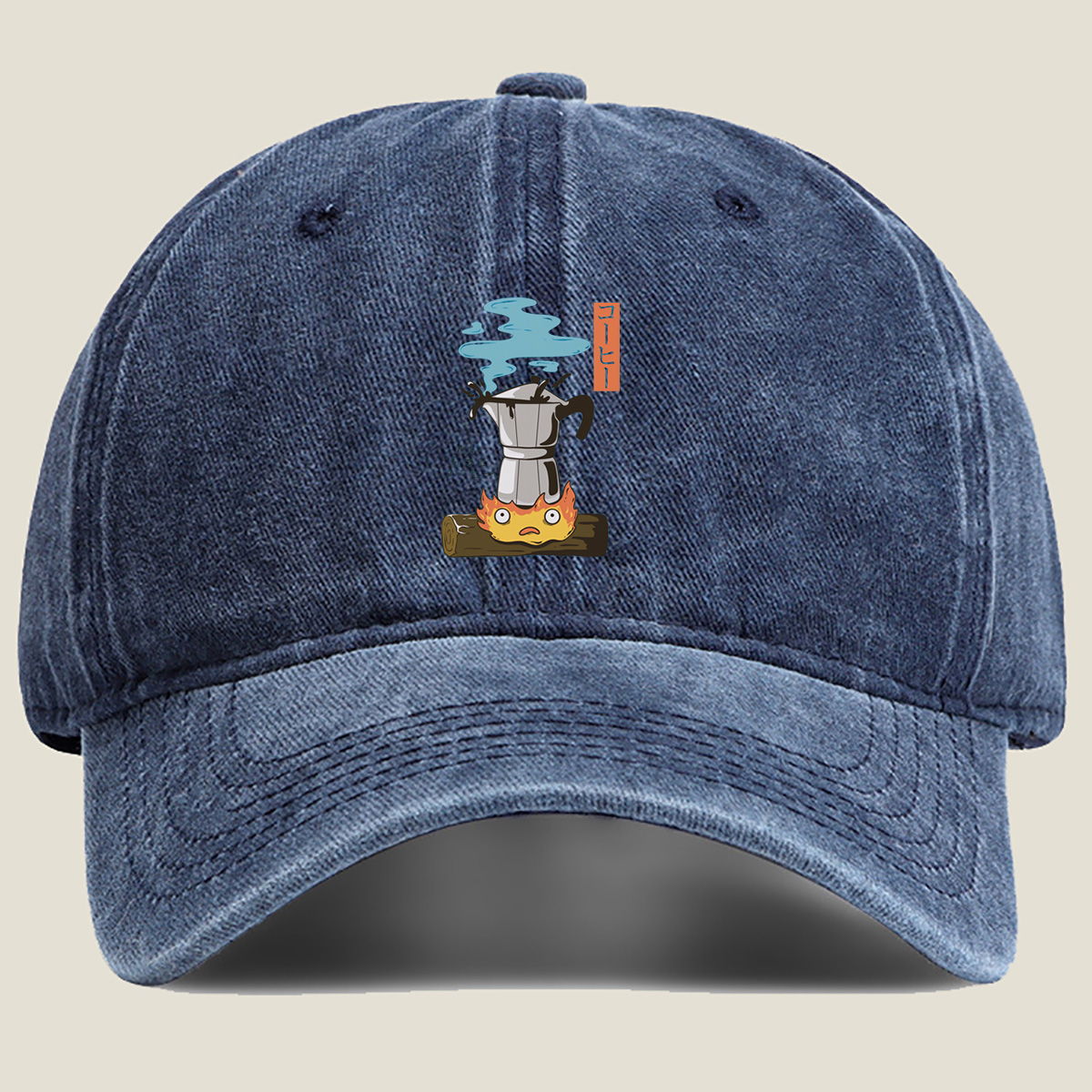 Coffee Pot and Flame Character - Washed Denim - Baseball Cap